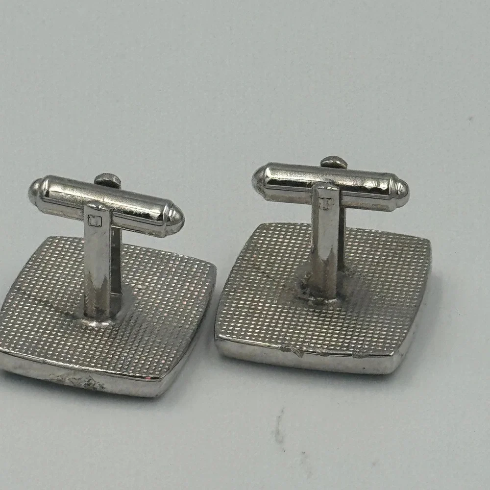 Silver Tone Fly Fisherman Cufflinks Mens Rectangular Fishing Scene‎
